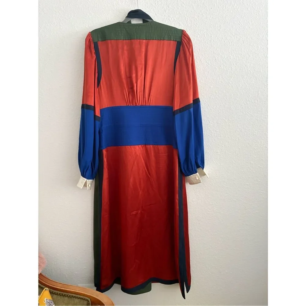 Tory Burch Kola Colorblock Silk Blend Satin Crepe Wrap Dress Size 10